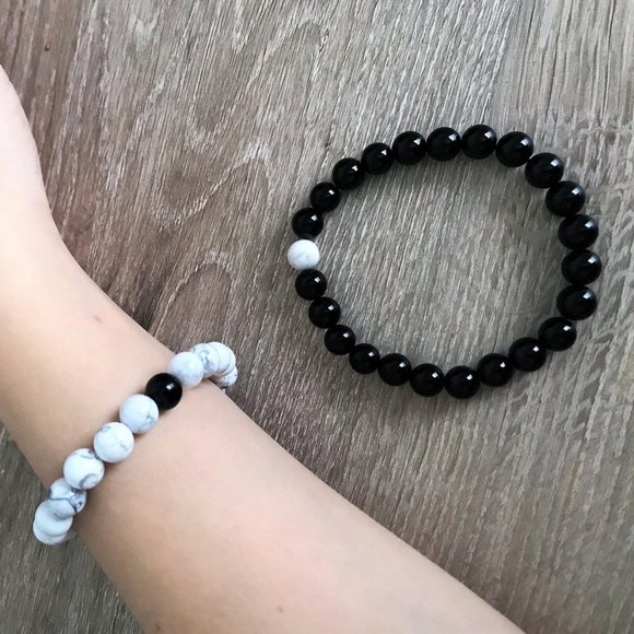 Long Distance Relationship Bracelet Black White Stone Beads Turquoise and Onyx - Picture 1 of 7